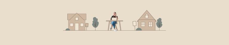 Vrouw op laptop tussen huizen
